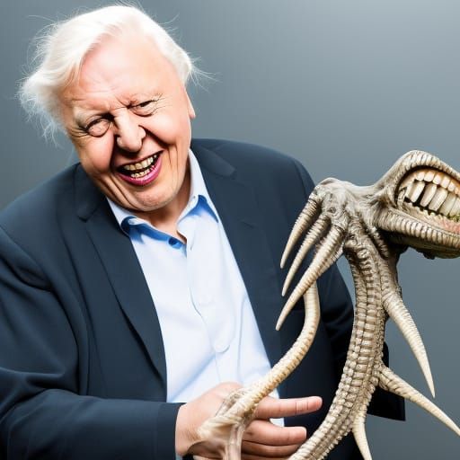 Sir David Attenborough holding a facehugger.