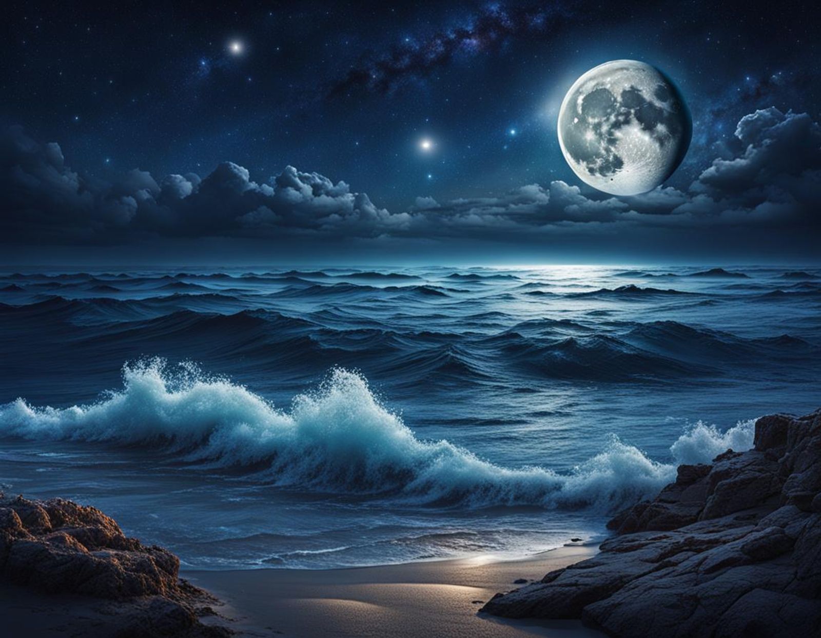 beautiful night ocean moonscape cosmic - AI Generated Artwork ...