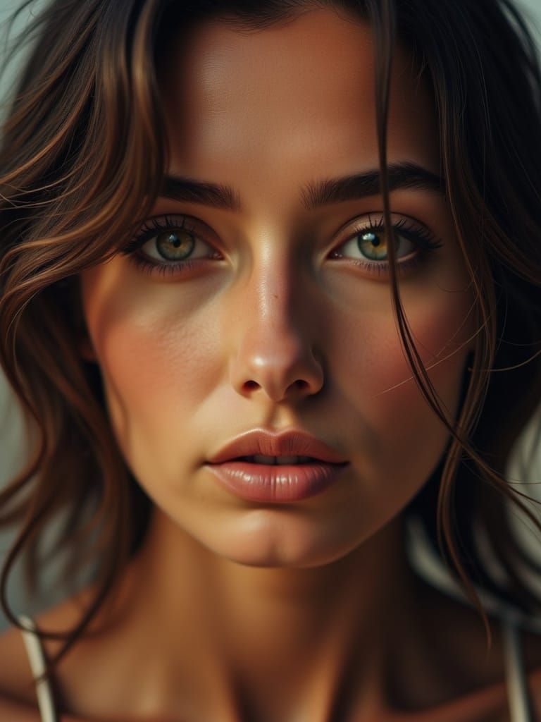 <lora:Background:1.0>A woman's face, shoulders up, gazing directly ahead with an expression of profound indifference, her features illuminat...