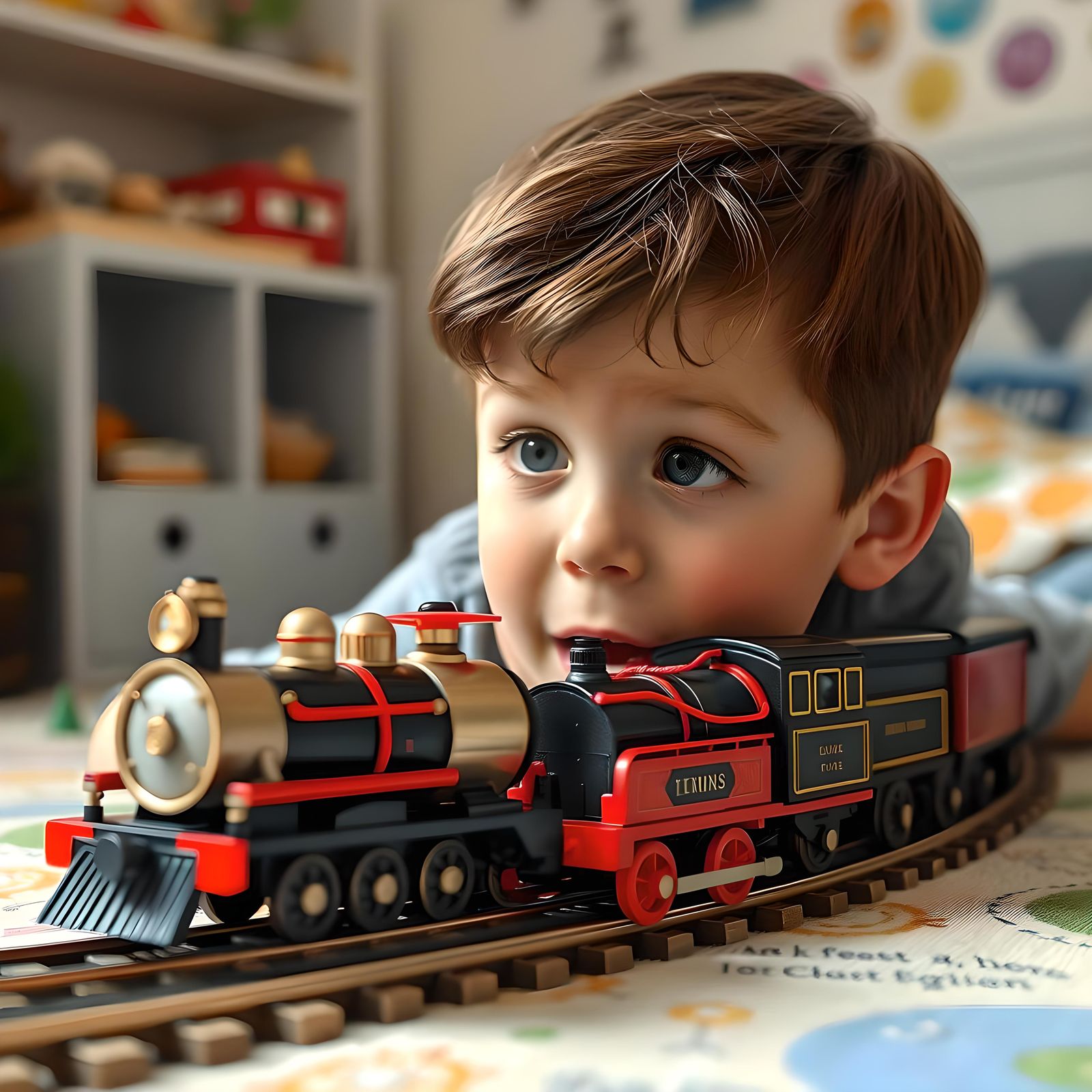 A brunette boy about 7 yrs old, in his bedroom has a beautif...