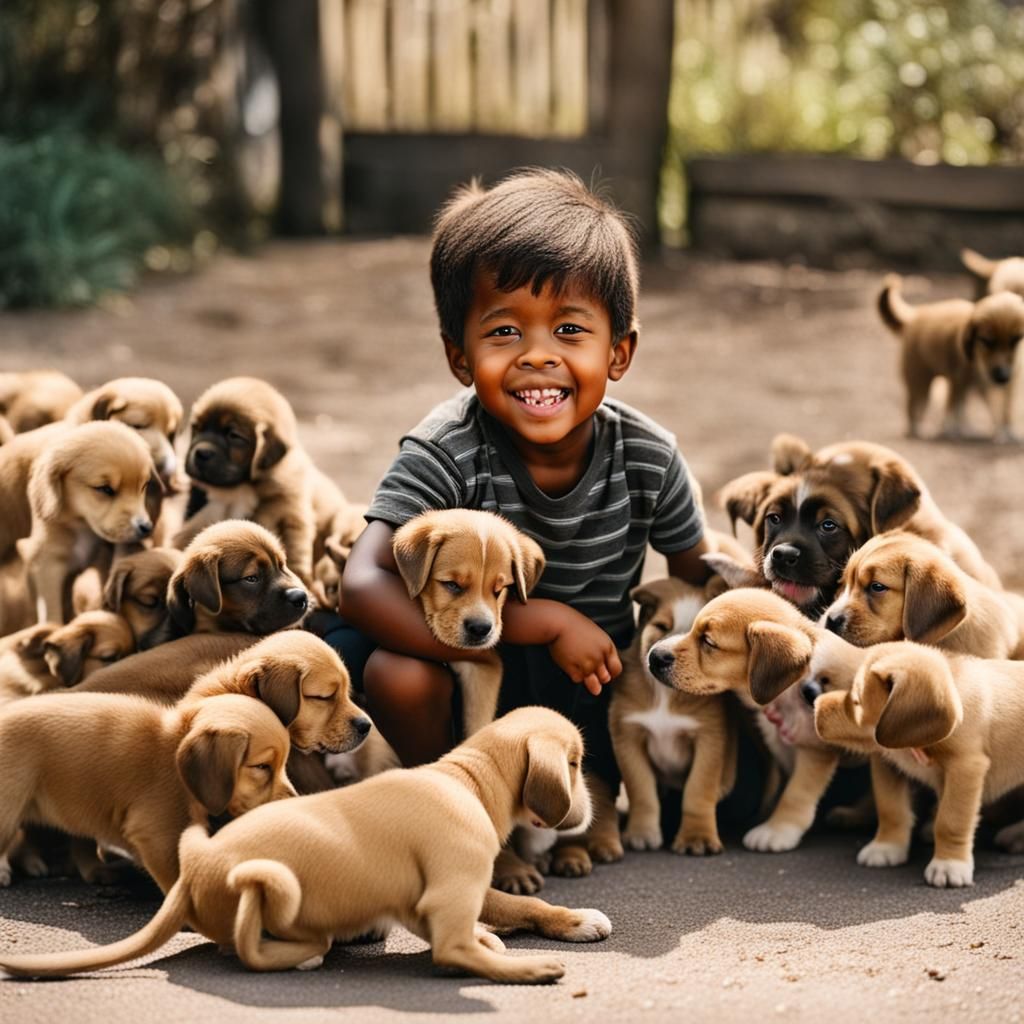 small brown child surrounded by licking puppies