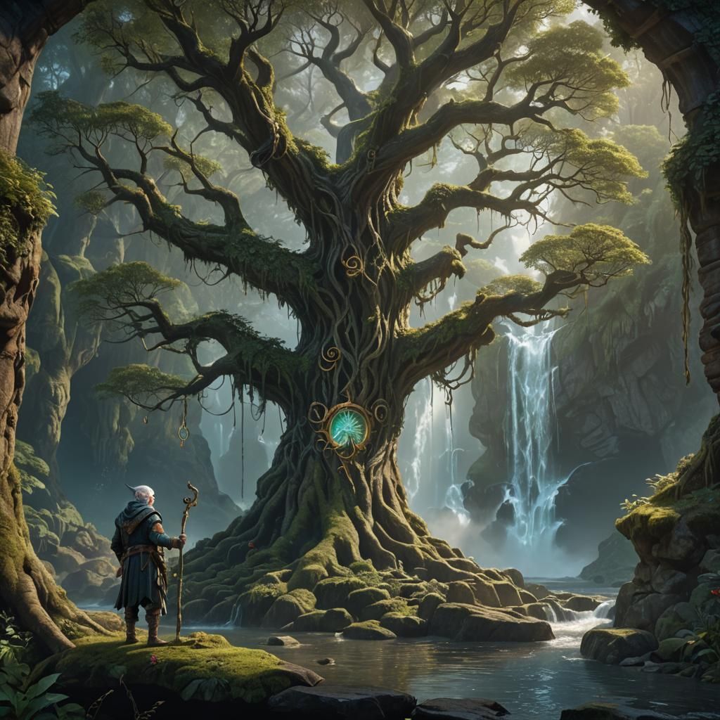 A image from behind a waterfall a elderly elf standing guard of a magical tree with a ring of protection 