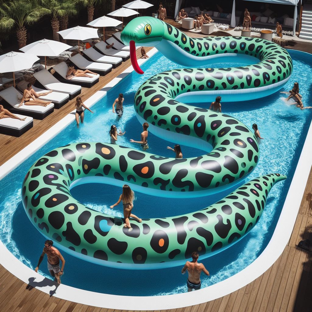 an inflatable snake pooltoy resembling an anaconda floating in a pool. people are playing on the pooltoy