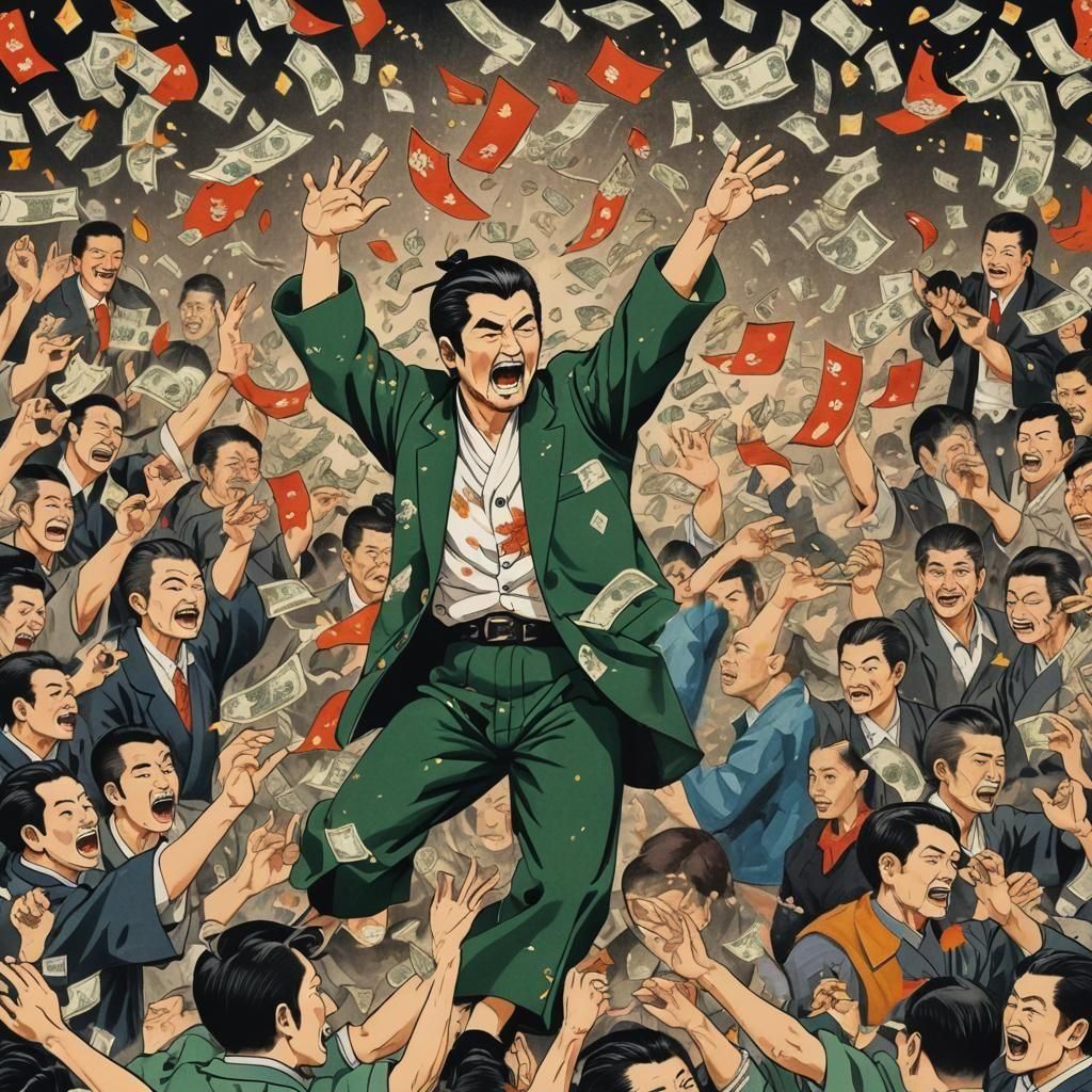 Rich yakuza throws tones of money in the air, style traditional Japanese tattoo, traditional Japanese art