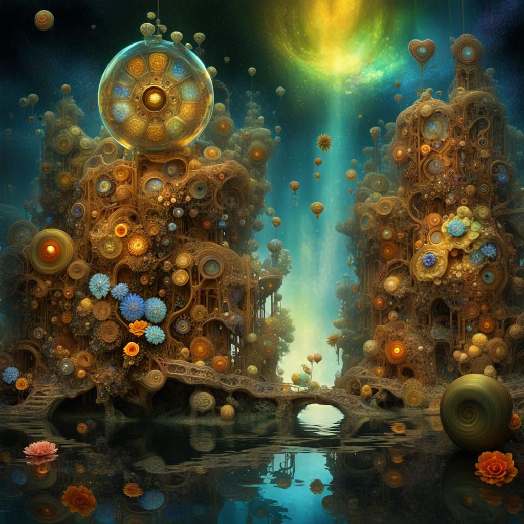 Steampunk Rococo Glass Flower Heart in Fractalism Art