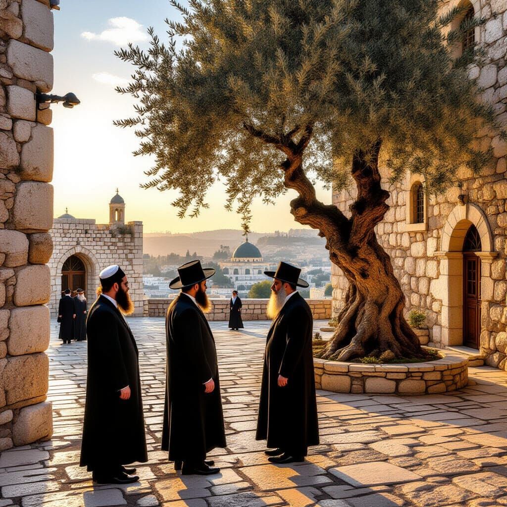 Orthodox Jewish Men in Sunlit Synagogue Courtyard