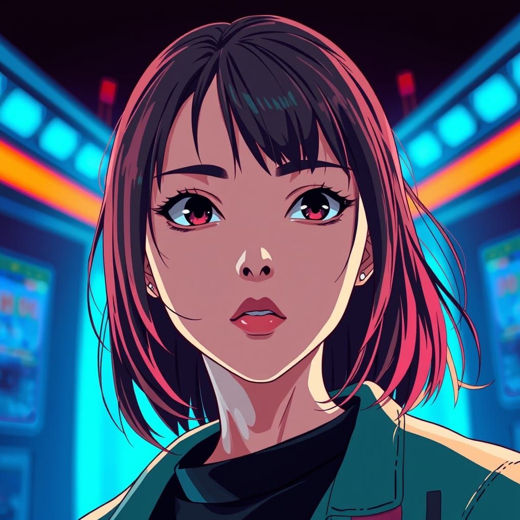 Anime-Inspired Portrait of a Young Woman in a Dynamic Citysc...