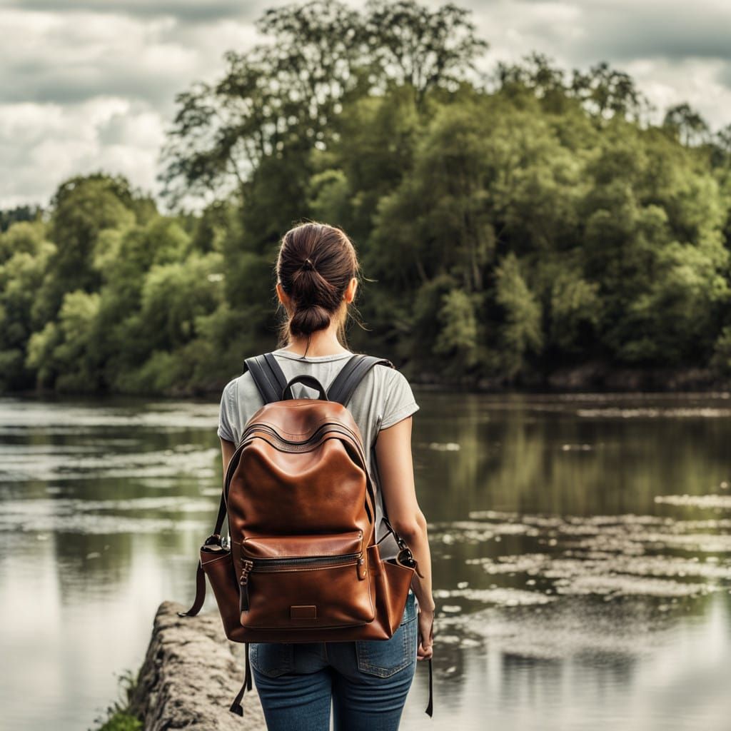 A lady with a backpack near a river, intricate details, HDR, beautifully shot, hyperrealistic, sharp focus, 64 megapixels, perfect compositi...