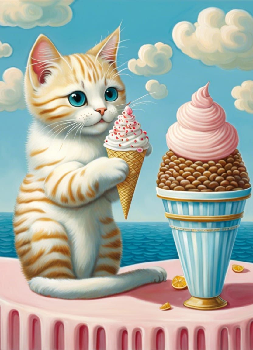 Charming cute cat eating soft serve ice cream ocean background soft intricate detailed masterpiece by Rene Magritte Mark Ryden Wayne T. AI Generated Artwork NightCafe Creator