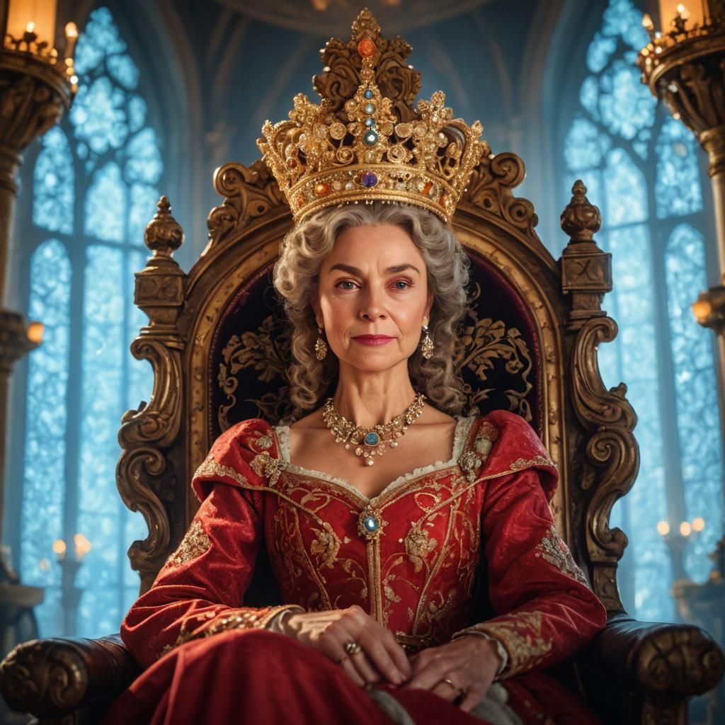 一位迷人、可爱、愉快、快乐、友好、可爱的女王，头上戴着令人愉悦的王冠，坐在华丽城堡中令人惊叹的宝座上，直视着你的眼睛