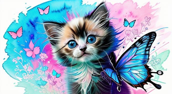 Digital watercolor Illustration of a tiny VERY fluffy siames...