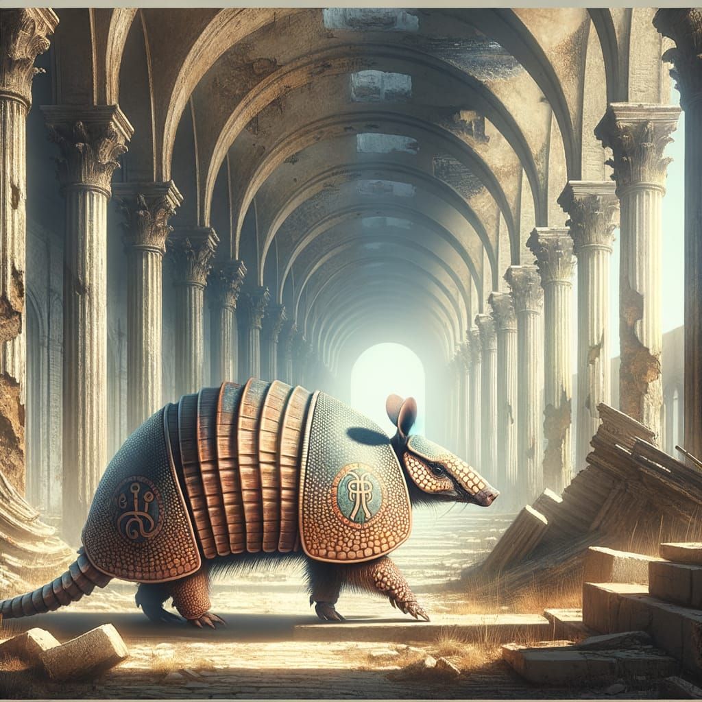 A lone armadillo, its shell intricately carved with ancient runes, stands defiantly amidst the crumbling grandeur of a forgotten city's colo...