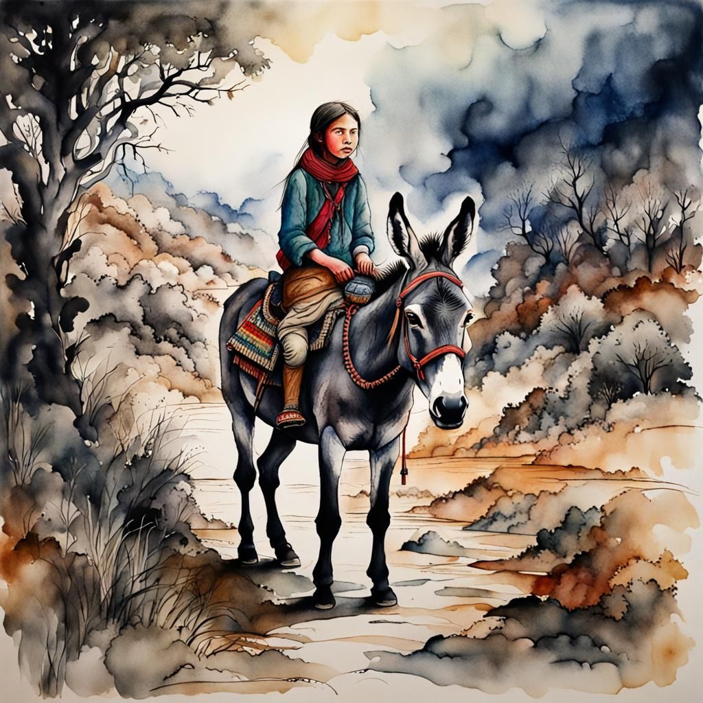 Journey through wilderness girl with a donkey, ink and wash, perfect composition, atmospheric masterpiece, ...  by @Somei