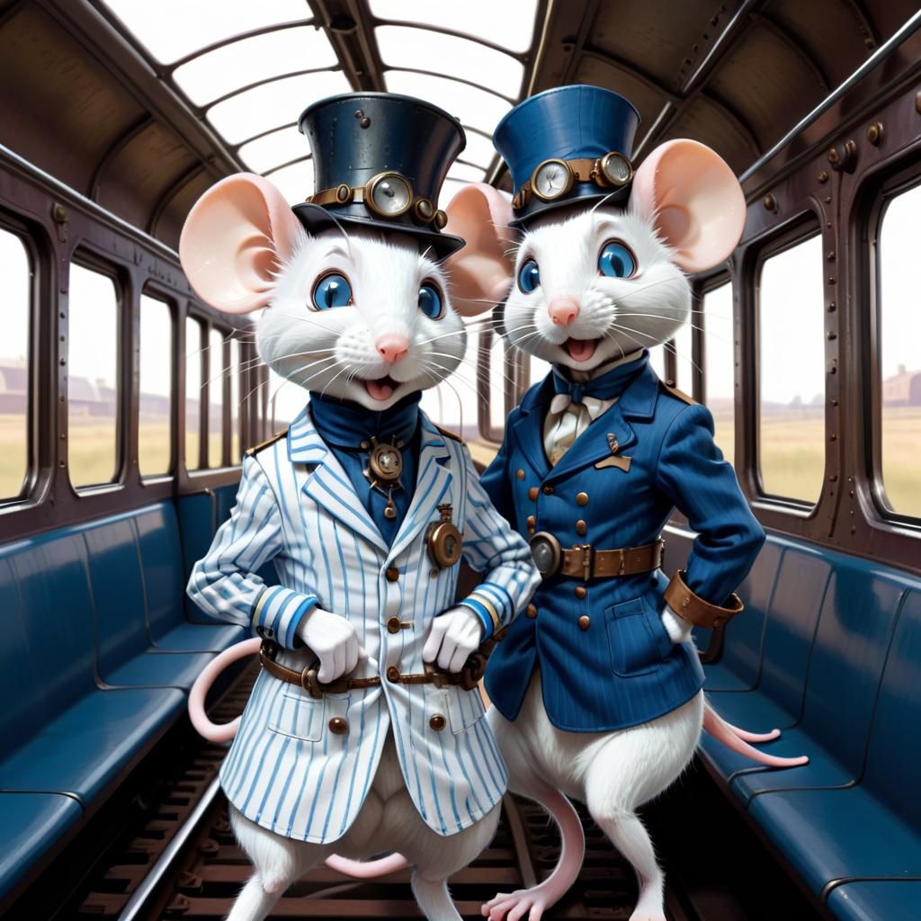 (An Anthropomorphic train-enginner mice:1.3). White and blue...