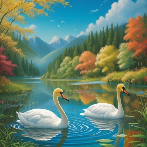 Swans Swimming in Colorful Lake: Oil Painting