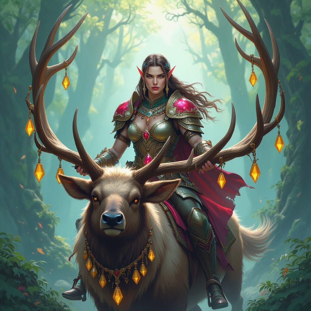 An elven warrior riding on magical elk, with a determined glare, he is wearing armor made of beautiful rubys, her elk is has horns with yell...