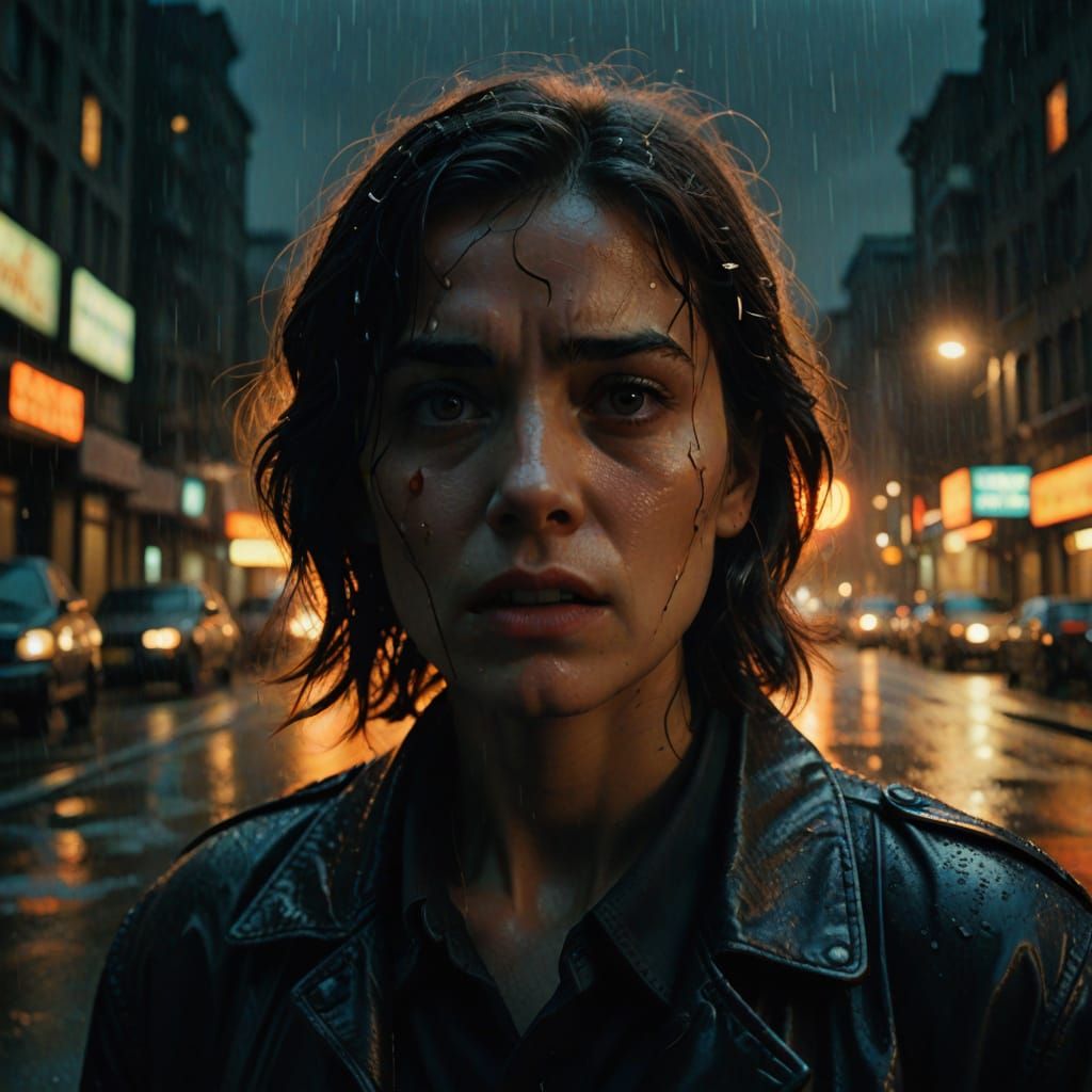 Tense Close-Up of Alba's Face in a Rainy Night Scene