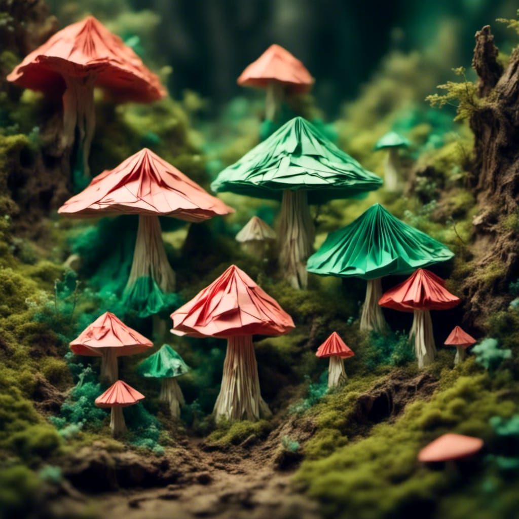 Origami mushroom <lora:Origami World:1.0> <lora:Selective Color:1.3> green