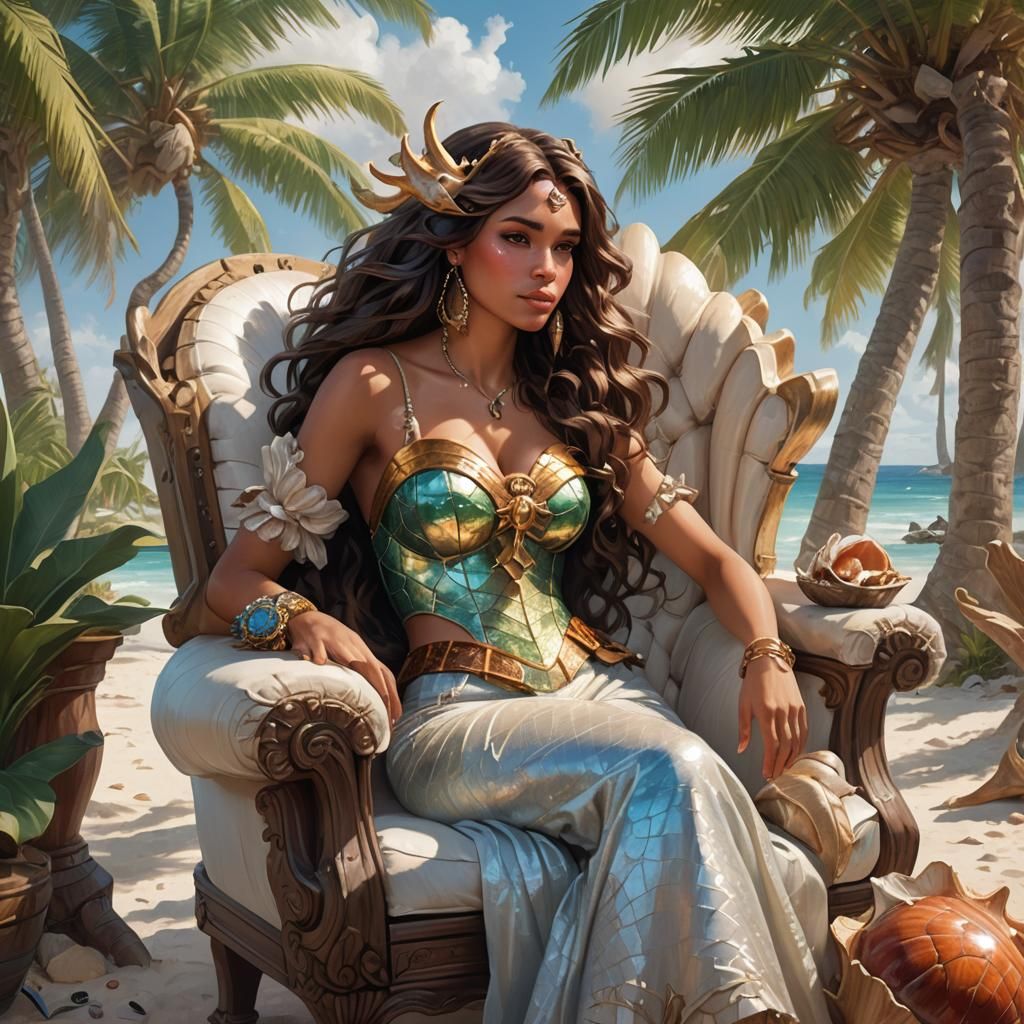 A gorgeous brunette mermaid sitting comfortably in a luxurio...