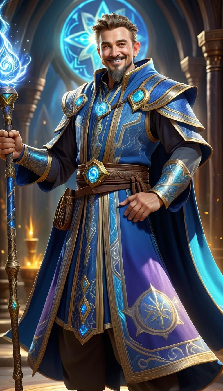 A mighty human male, short hair and goatee, wizard, god of m...