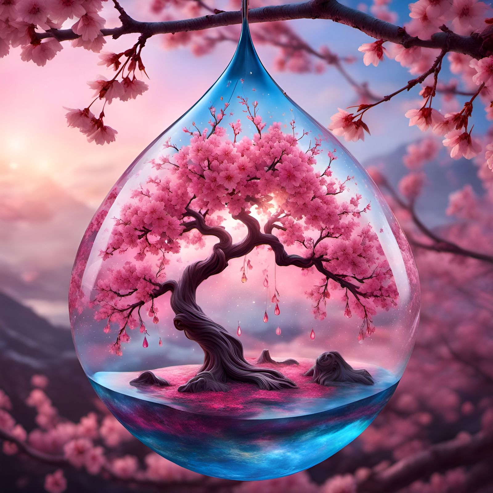 Sakura Tree Inside a Raindrop  by @lawrencelot