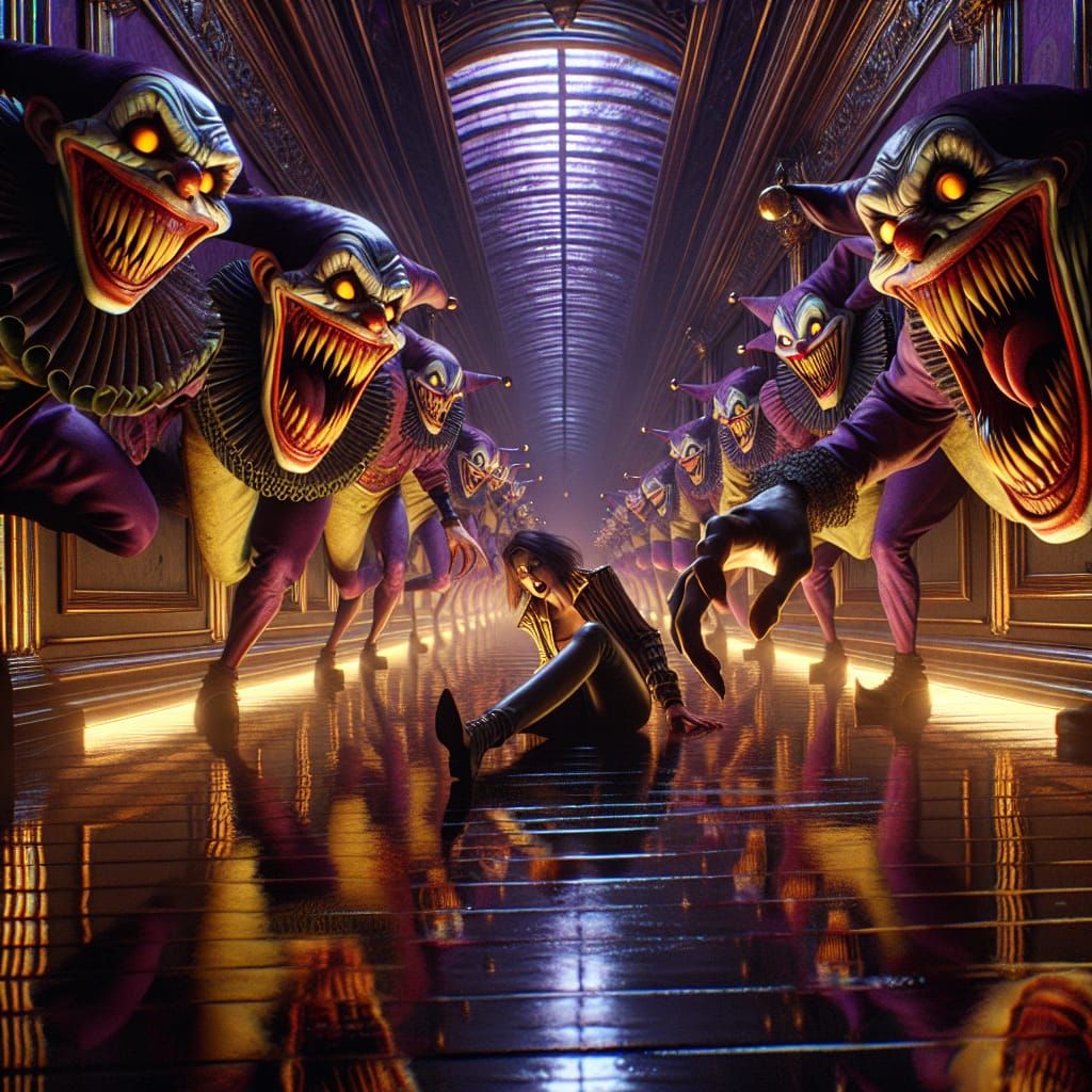 A horrified woman in a mirror hall at the circus.