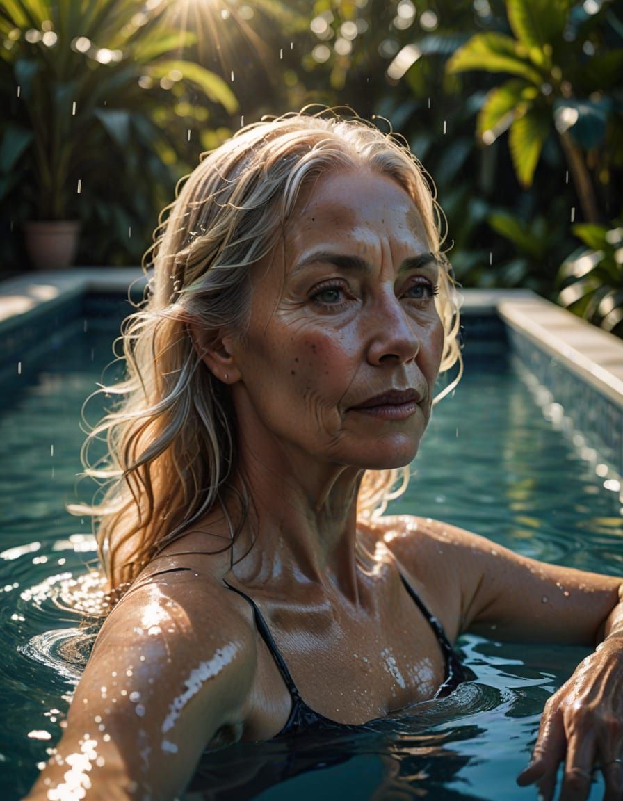 Sultry Mature Woman Basks in Tropical Oasis