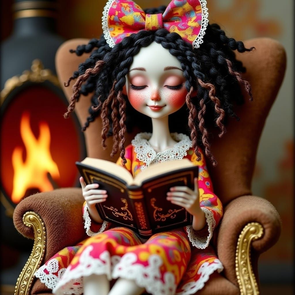 <lora:DOLL-LIKE CHARACTERS:1.0> a cute doll like character, colourful clothes, sitting in an armchair reading a book, fireplace in the backg...
