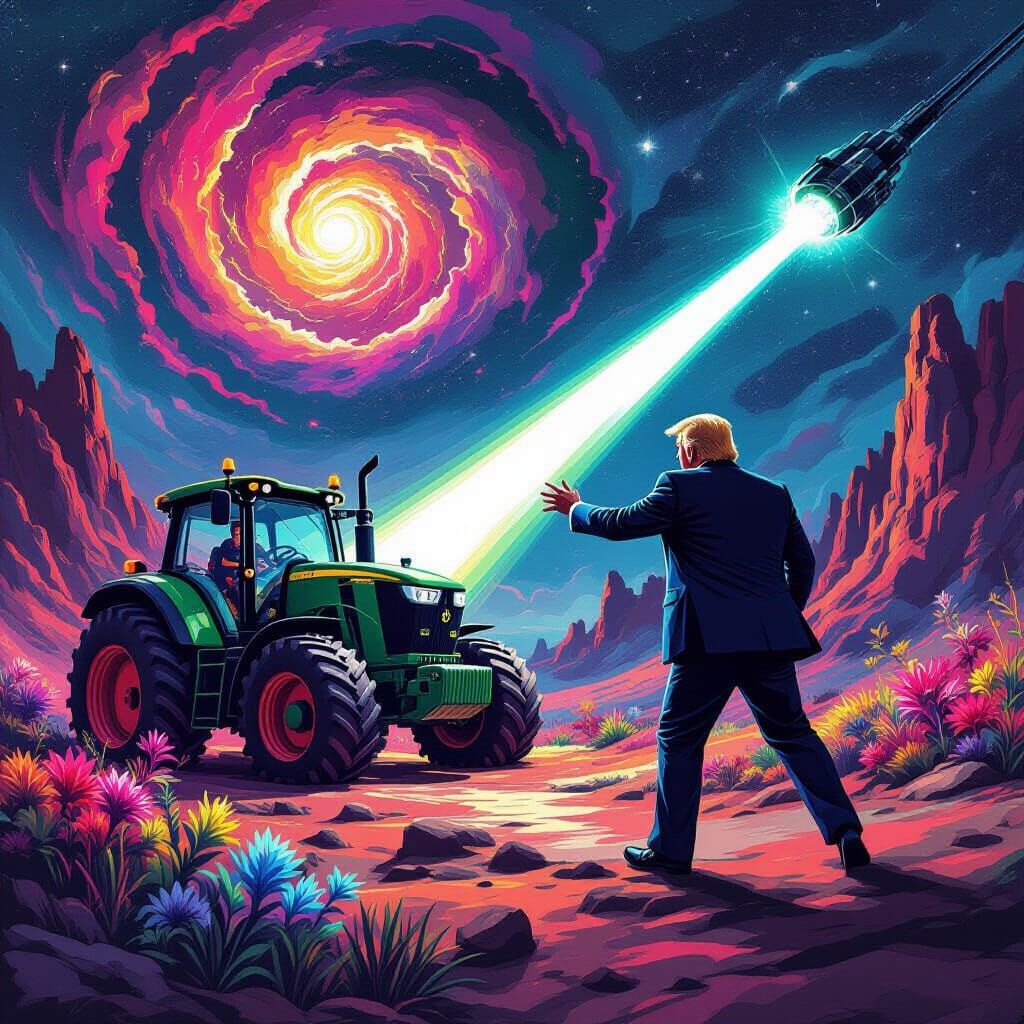 UFO Abducts Donald Trump in Surreal Sci-Fi Landscape