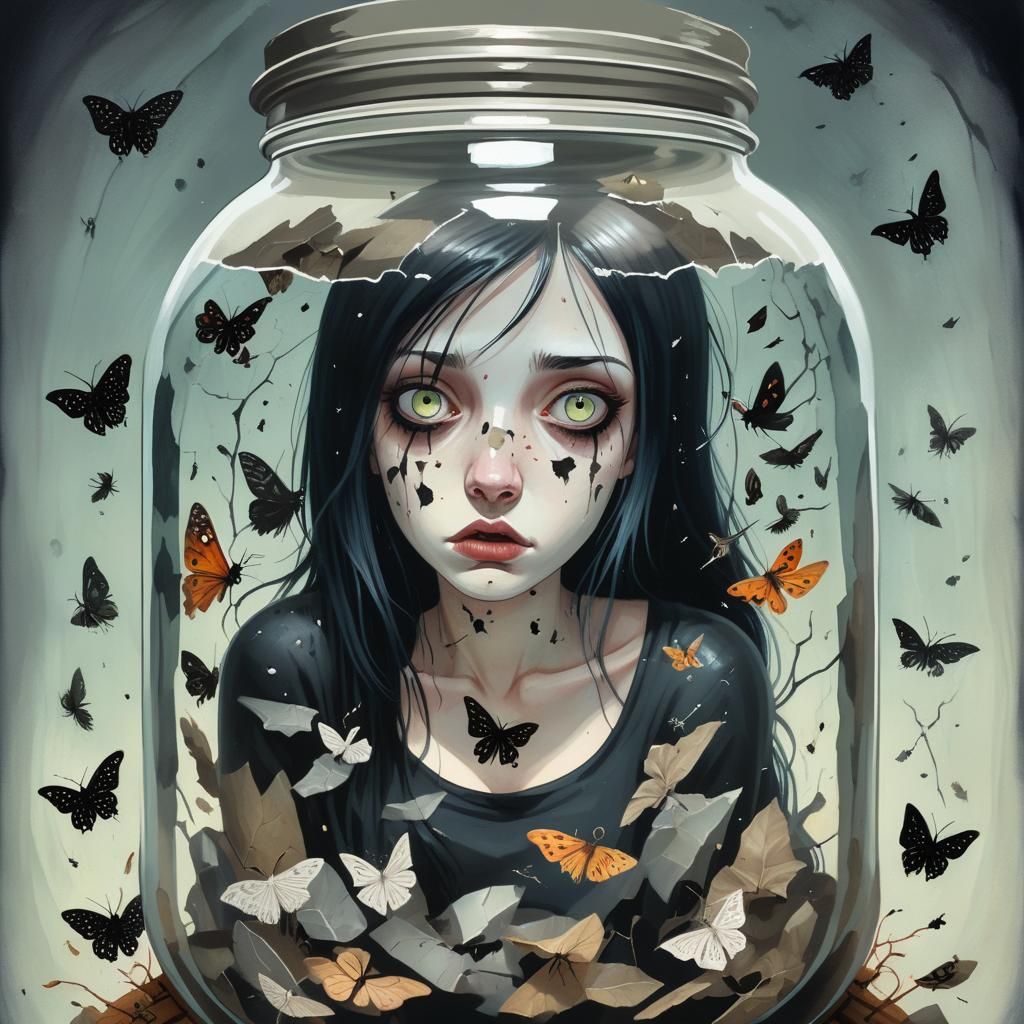 Scared girl inside a cracked old dirty jar sealed with lid surrounded ...