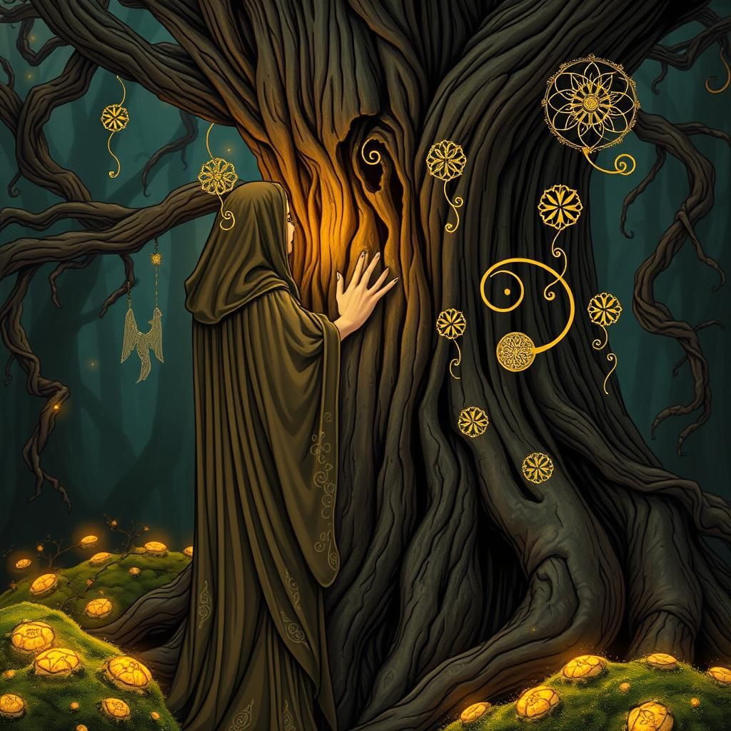 A person knocking on an ancient wooden tree in a magical for...