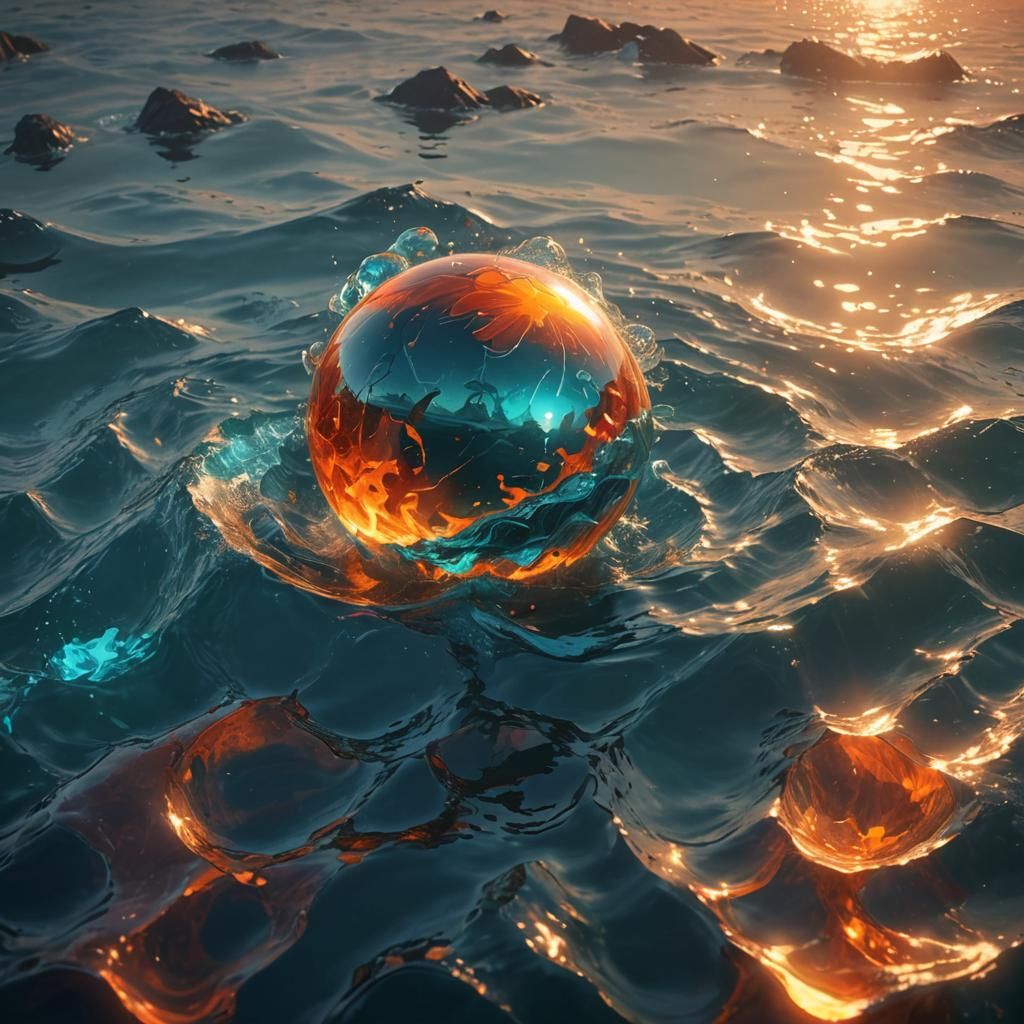 a fireball floating in an ocean with a small island in the b...