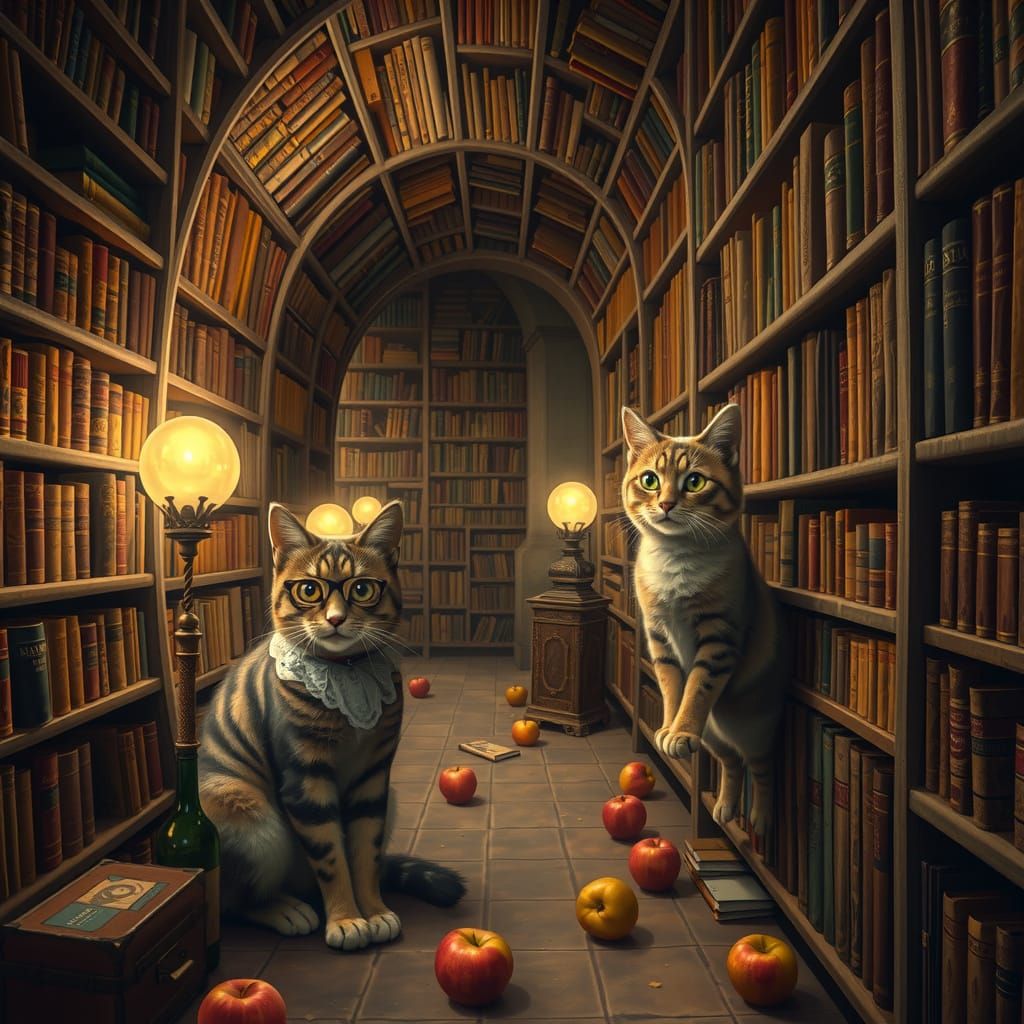 Whimsical Cat Librarians in a Golden, Fractal Library