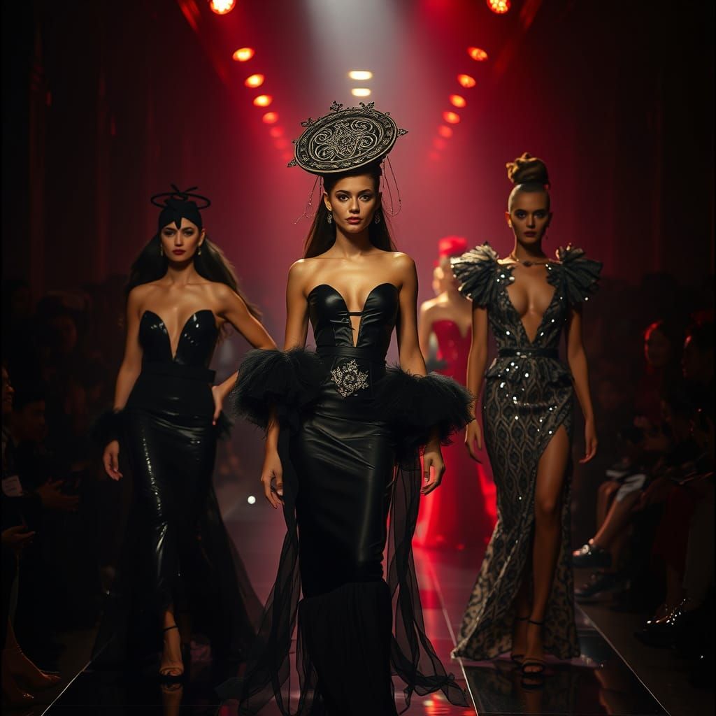 A fashion show where models walk on a catwalk in fantastic outfits film still, shot on v-raptor XL, film grain, vignette, color graded, post...