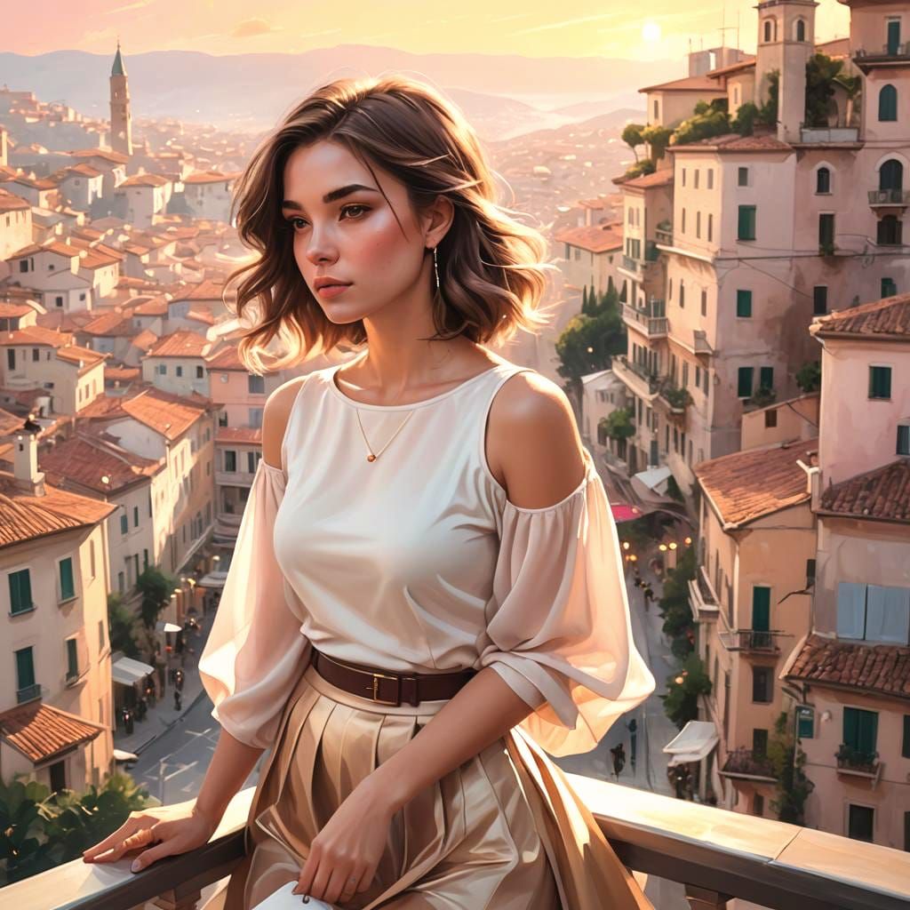 Elegant Woman in Italian City, Digital Painting