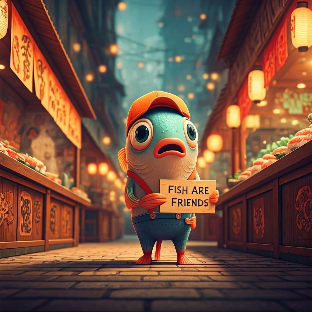 A concerned Charlie searches the fish market for his missing...