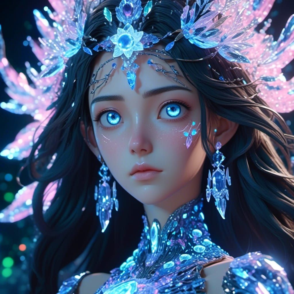 <lora:Yuli Mihag XL:1.0>, crystalline goddess, blue glowing flower eyes, long hair, detailed head and shoulders portrait, detailed intricate...