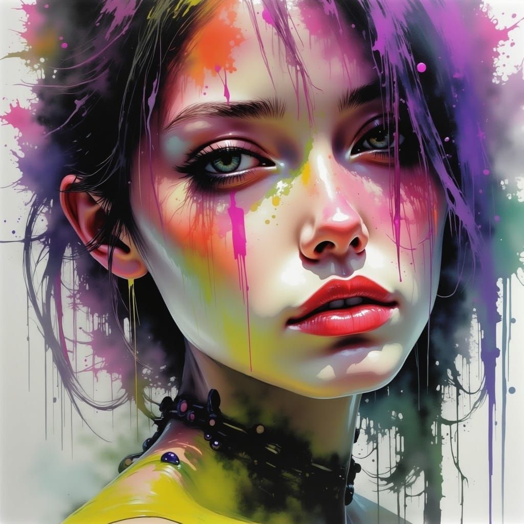 <lora:Afterlife:1.0>; 8k; a stunning photo realistic grunge painting; futuristic womans face; colorful tones; oil painting water color and i...