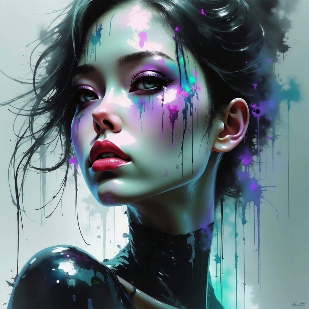 <lora:Afterlife:1.0>; 8k; a stunning photo realistic grunge painting; futuristic womans face; colorful tones; oil painting water color and i...