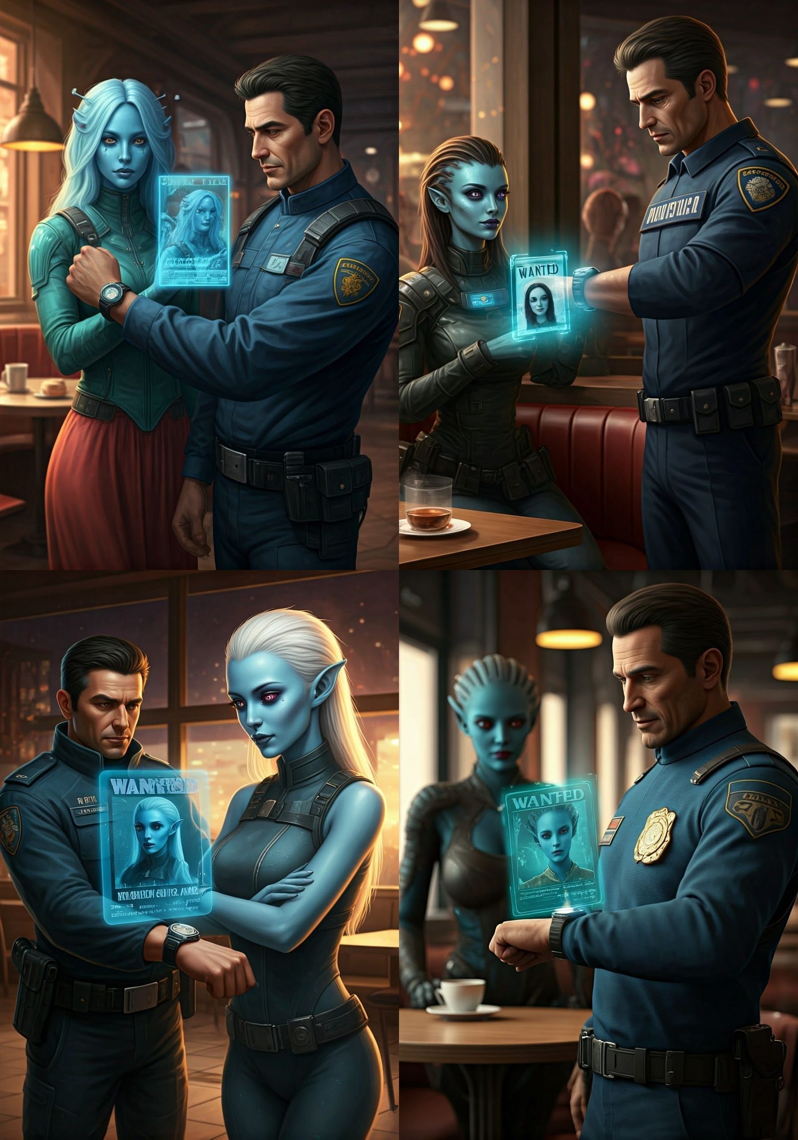 A space cop holding up his wrist his watch projecting a digital hologram of a “wanted” poster (directly above his watch)...