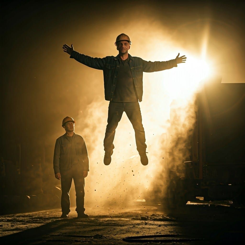 A worker flying through the air, bragging to his supervisor ...