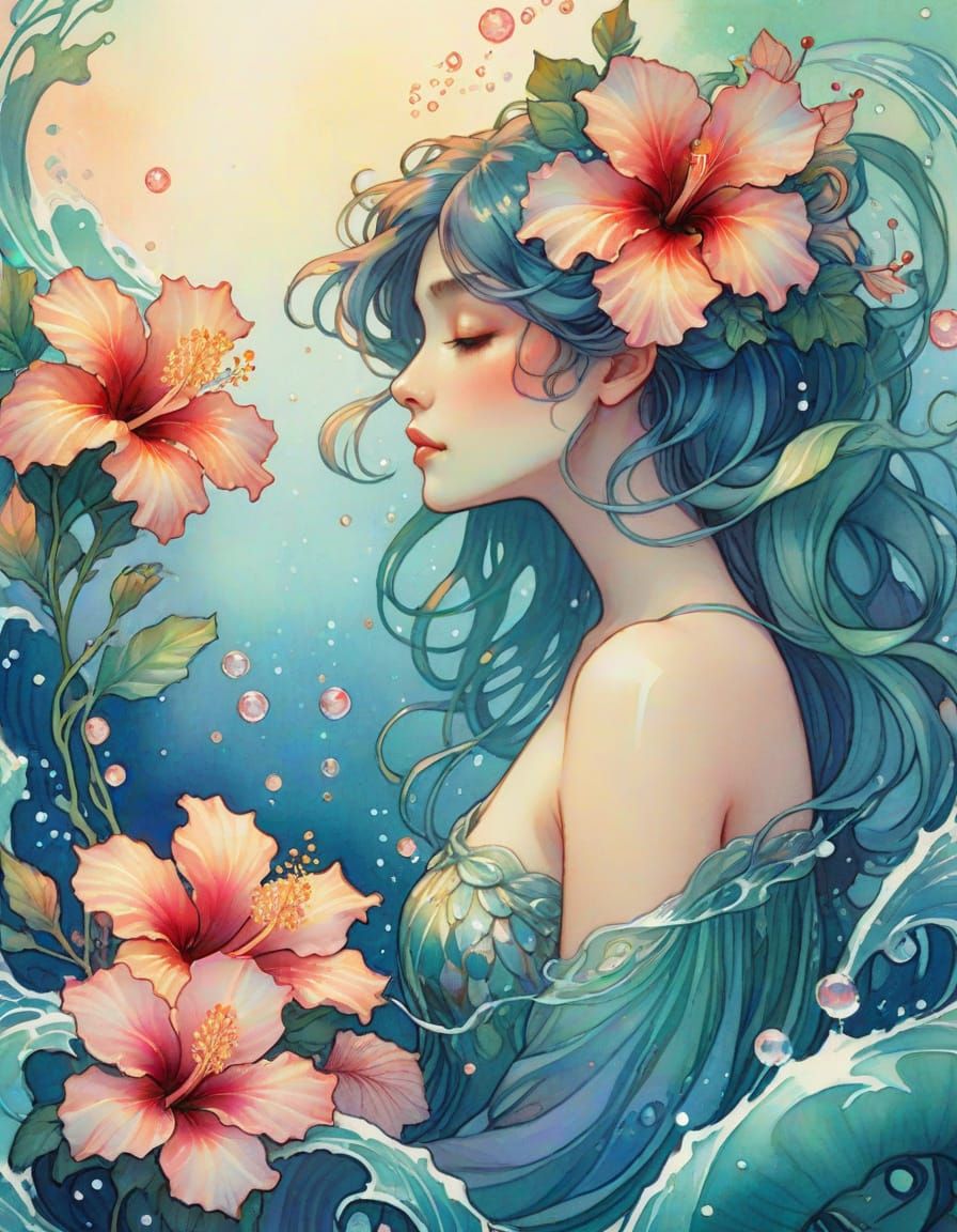 Art Nouveau Woman with Seaweed Hair in Watercolor