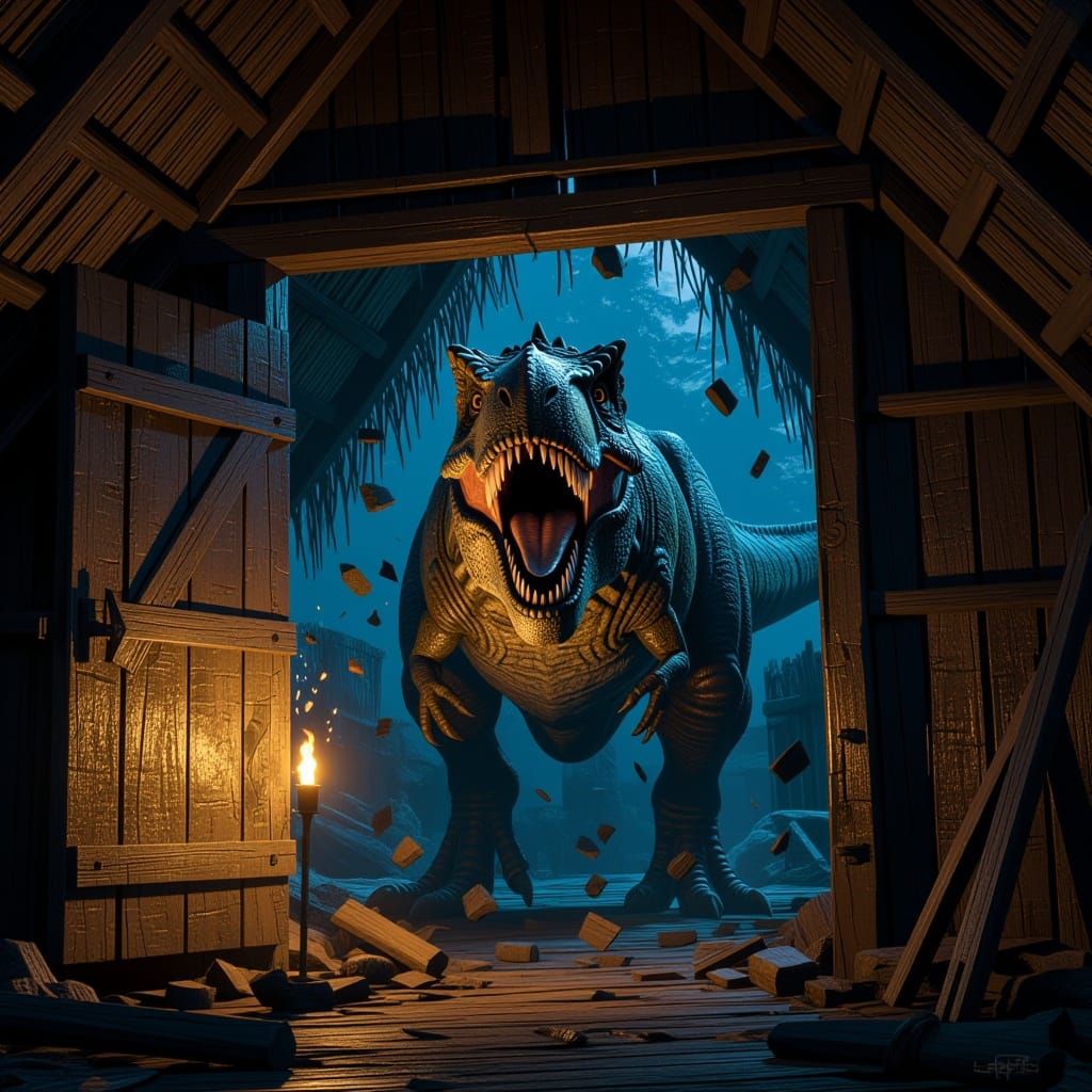 Scene: A dramatic, tense scene from the video game Ark: Survival Evolved.

Subject: A massive, roaring Tyrannosaurus Rex is breaking through...