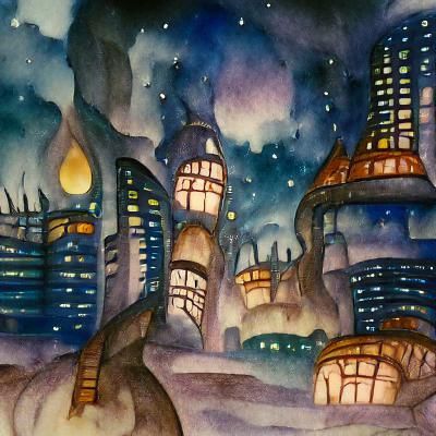 High fantasy city at night, watercolor painting