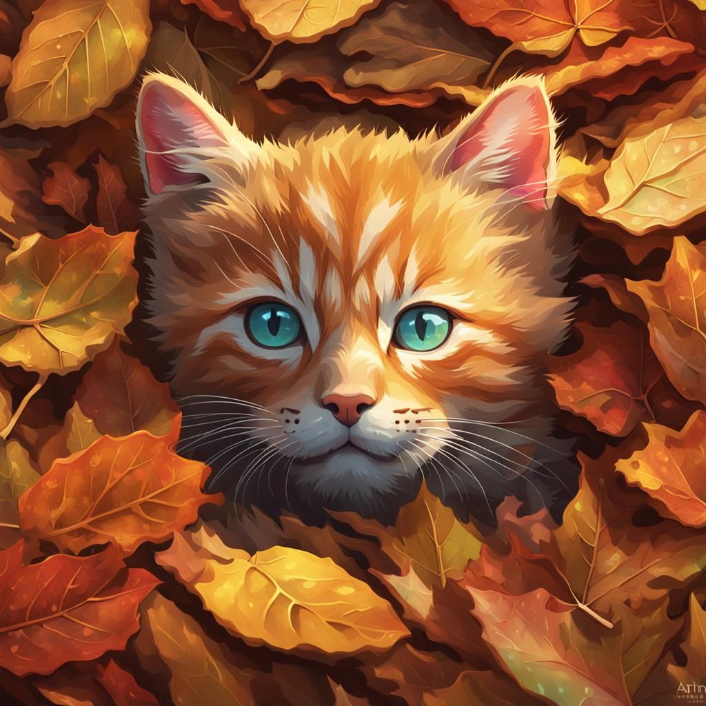 A little ginger kitten hiding in a pile of autumn leaves