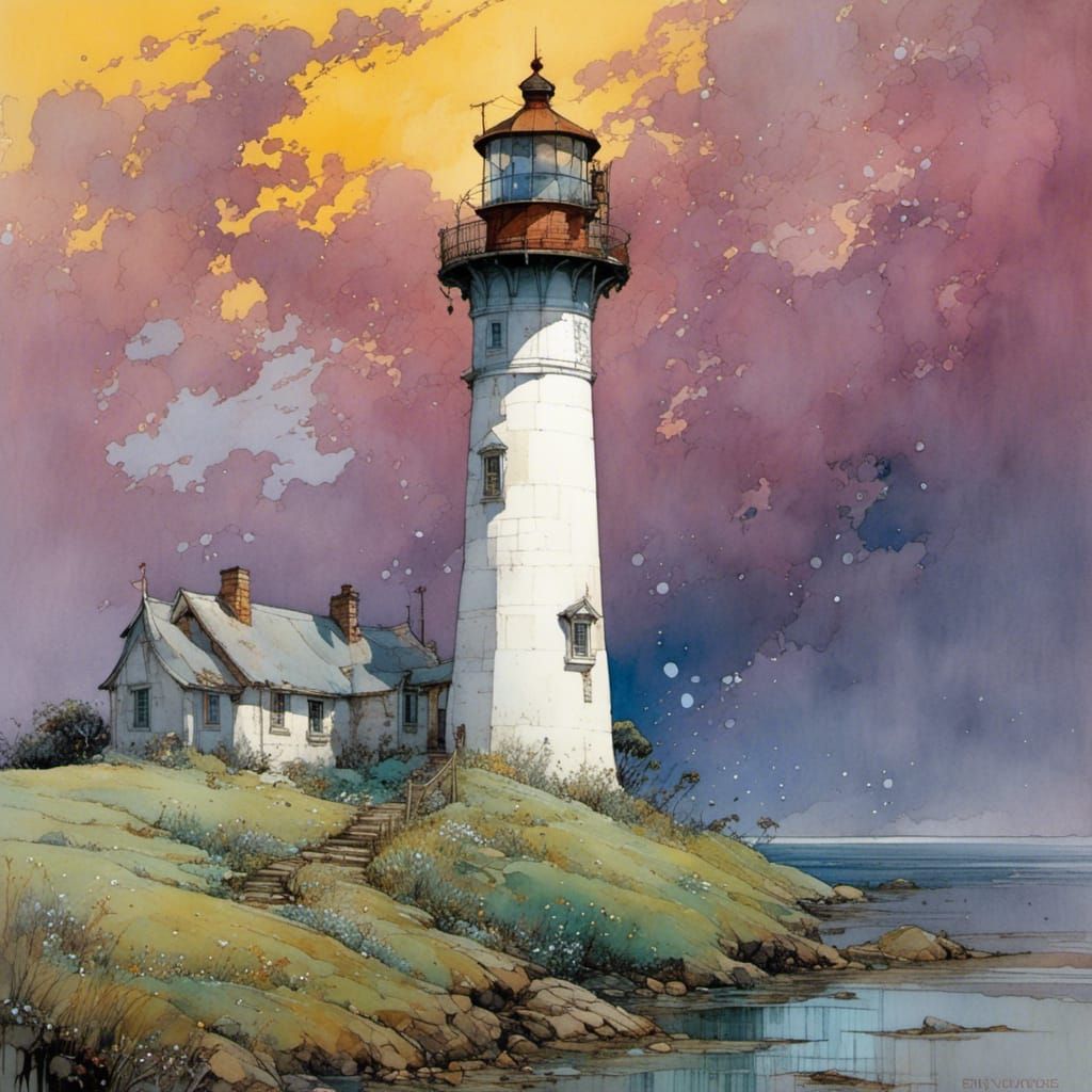 lighthouse in the fog by Erin Hanson and Carne Griffiths - AI Generated ...