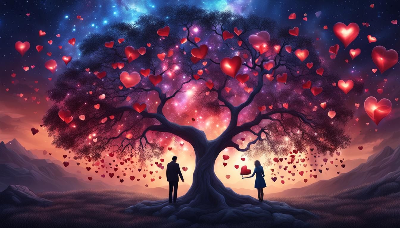 2 lovers under treefull of hearts 