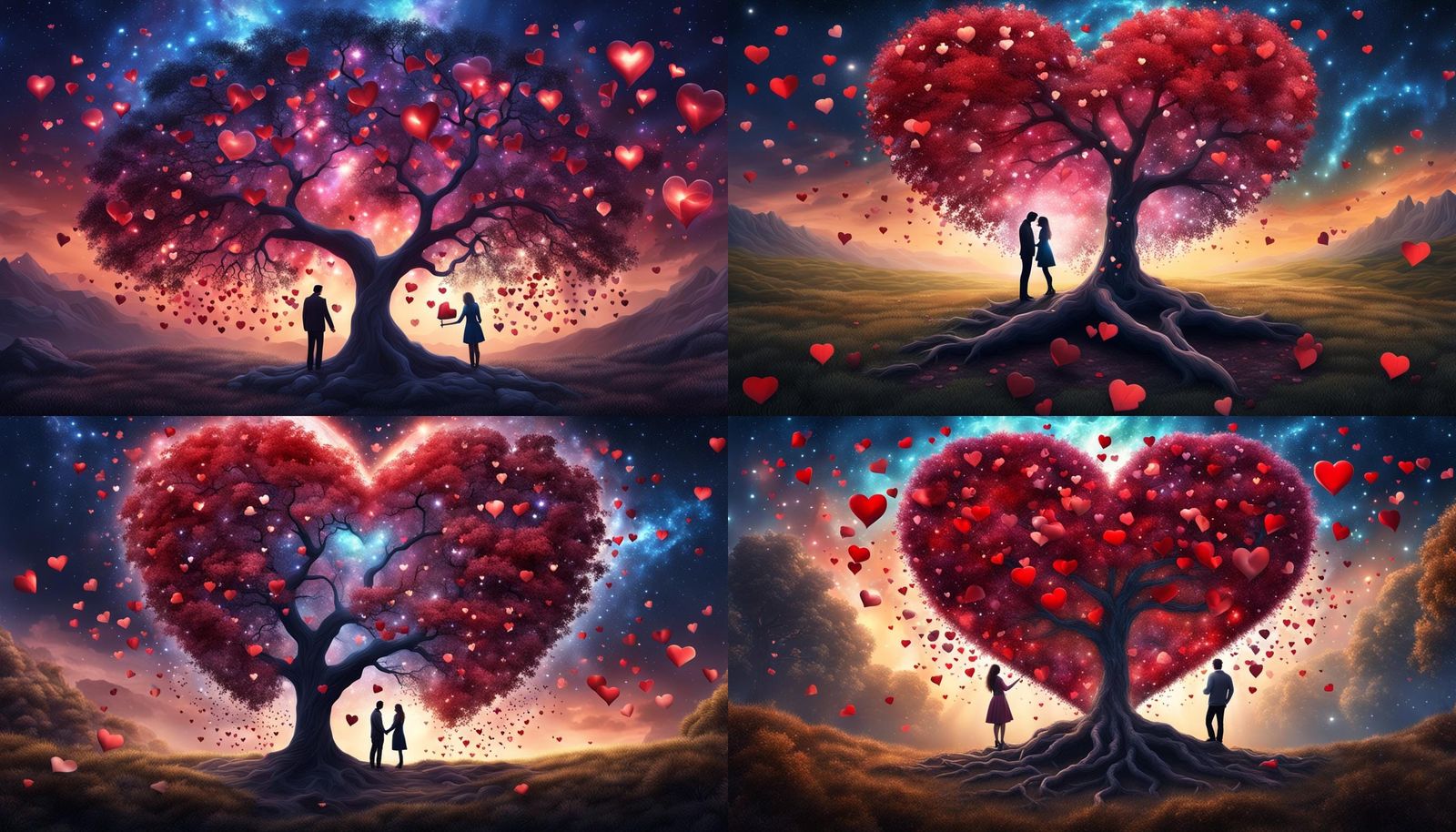 2 lovers under  heart tree full of hearts 
