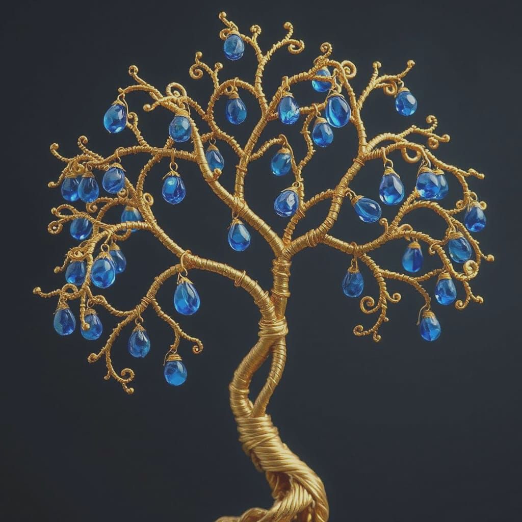 Brass wire twisted and shaped to form a sculpture of the tree of life. from the branches hang tiny macro blue sapphire briolettes ...