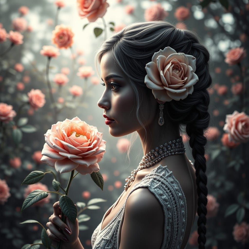  <lora:Ultimax:1.0> monochromatic double exposure photograph of a lovely lady and a glowing rose garden.